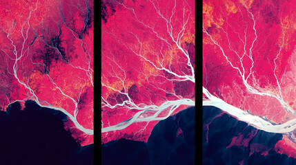 Drone view of a river delta resembling a neural network, highlighting natural patterns, connectivity, and the intricate branching of waterways like living networks.
