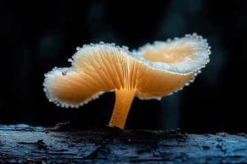 Close-up of a translucent mushroom with water droplets on its edges growing on a dark textured log, glowing softly against a blurred dark background