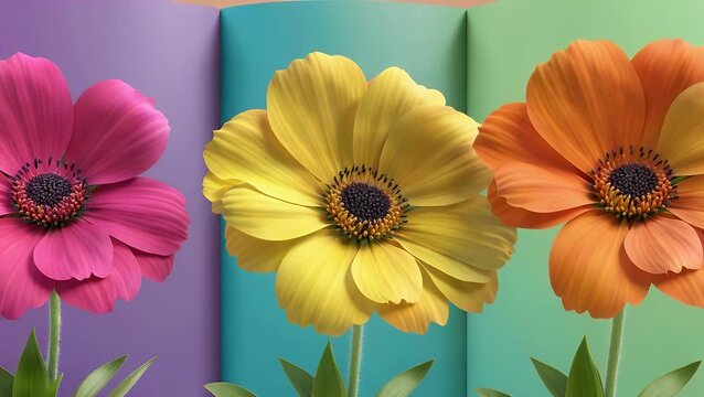 tripartite folded design element showcasing a vibrant trio of chromatic backgrounds with three-dimensional botanical specimens in a variety of hues positioned in the