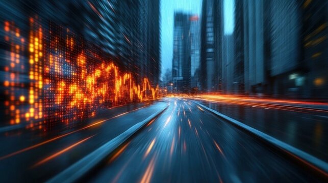 futuristic city street with glowing orange digital data and blurred skyscrapers conveying speed and dynamic technology