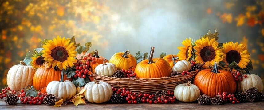 Autumn harvest arrangement with assorted orange and white pumpkins, sunflowers, red berries, pine cones, and fall leaves in a wicker basket evoking a warm seasonal atmosphere