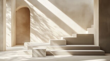 Fototapeta premium Minimalist architectural interior with soft natural light casting shadows on steps and smooth walls with an arched doorway, creating a calm and serene atmosphere