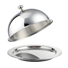 Shiny metal serving cloche being lifted from a platter, luxurious reflective style, isolated on transparent background