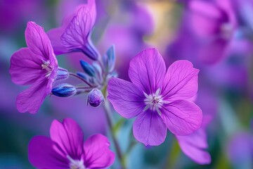 Obraz premium Close-up of vibrant purple flowers with delicate petals and intricate white stamens against a blurred natural background