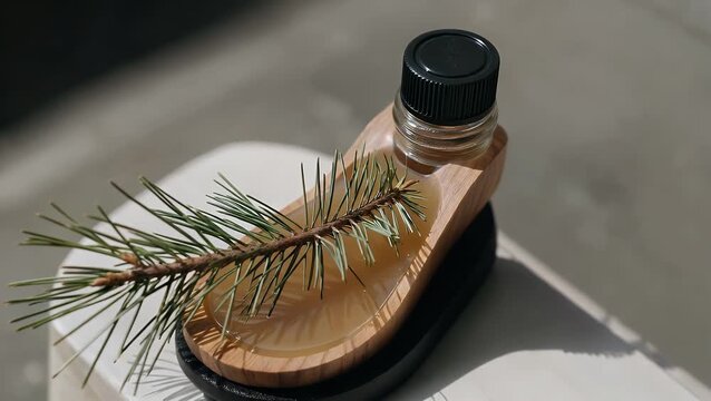 aromatic extract derived from coniferous trees  presented in dark glass bottles for preservation alongside a sprig from the