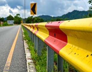 Red and yellow guardrail along a curving road