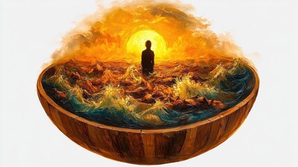 Silhouette of a person standing in turbulent ocean waves inside a large wooden bowl with a glowing sun setting behind