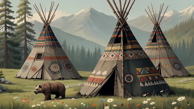 Group of Traditional Native American Cone-Shaped Dwellings Adorned with Ethnic