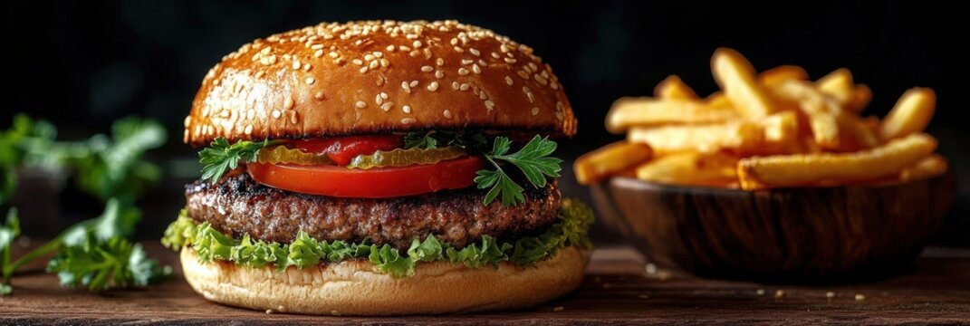 Close-up of a juicy sesame seed hamburger with lettuce, tomato, pickles, ketchup, and parsley, accompanied by a bowl of golden French fries on a dark background