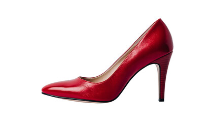 A single red leather high heel shoe with a pointed toe and stiletto heel, seen in profile, isolated on white