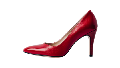 A single red leather high heel shoe with a pointed toe and stiletto heel, seen in profile, isolated on white