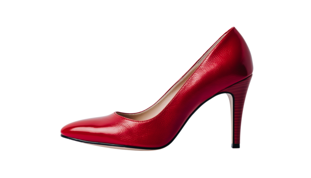 A single red leather high heel shoe with a pointed toe and stiletto heel, seen in profile, isolated on white