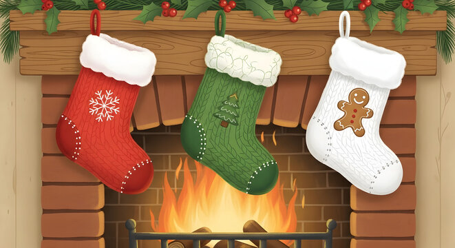 Three knitted Christmas stockings hang above a warm fireplace, decorated with a snowflake, Christmas tree, and gingerbread man.