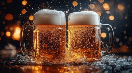 Two frosty mugs of beer with foam on top, surrounded by splashing water and glowing bokeh lights in the background, creating a festive and refreshing atmosphere