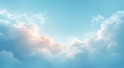 Soft sunlight shining through fluffy clouds in a clear blue sky creating a peaceful and serene atmosphere