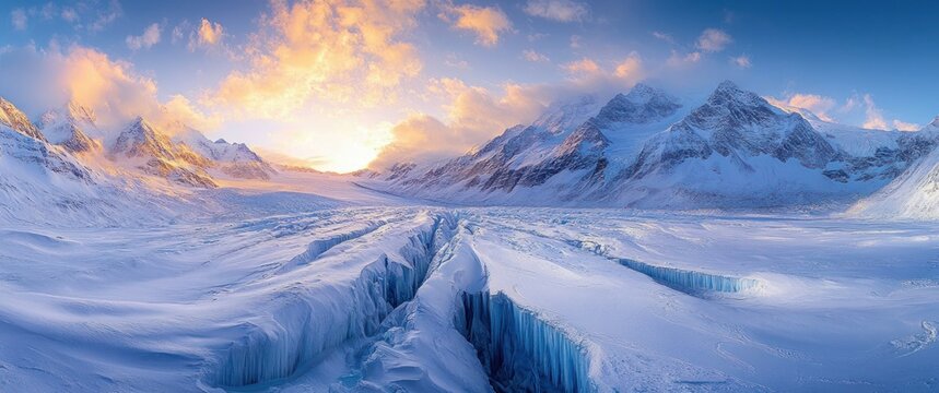 Majestic snowy mountain range with deep icy crevasses under a glowing sunrise with scattered clouds in a cold winter landscape - Powered by Adobe