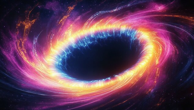Brightly colored swirling energy vortex with luminous blue, pink, and yellow light patterns surrounding a dark central void, evoking cosmic mystery and motion