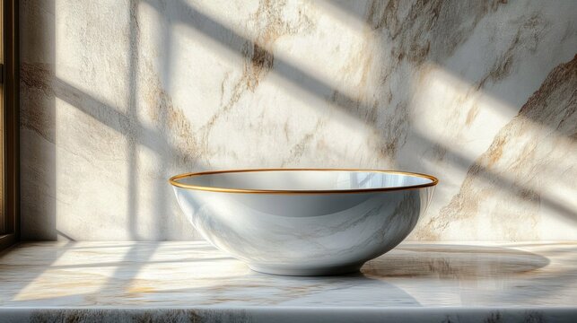 White marble bowl with gold rim on a matching marble countertop with soft natural sunlight and window frame shadows - Powered by Adobe