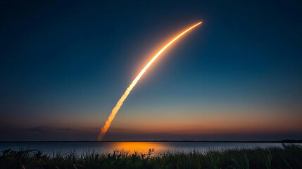 A rocket streaking across a dusk sky, leaving a glowing trail that symbolizes ambition, aspiration, and the pursuit of dreams. The warm tones of sunset blend with the luminous trail, evoking a sense o