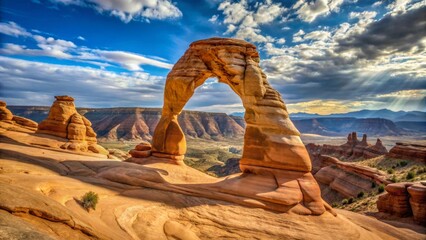 Majestic sandstone archway framed by dramatic desert landscape under a vibrant sky