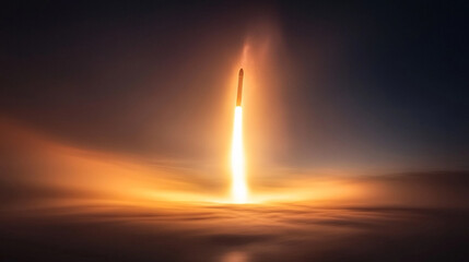 A rocket streaking across a dusk sky, leaving a glowing trail that symbolizes ambition, aspiration, and the pursuit of dreams. The warm tones of sunset blend with the luminous trail, evoking a sense o