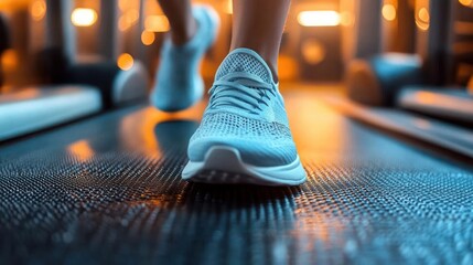 Close-up of a person walking or running on a treadmill wearing light blue athletic shoes with warm indoor lighting