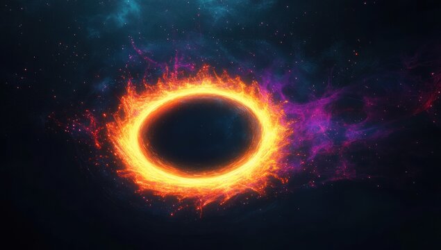Bright fiery ring of orange and yellow flames with a glowing purple nebula on a dark cosmic background creating a dramatic space scene