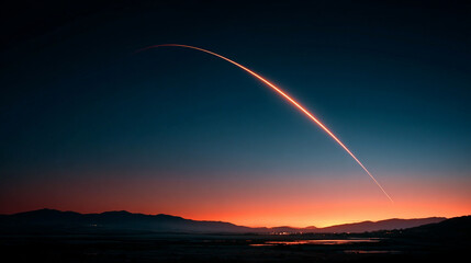 A rocket streaking across a dusk sky, leaving a glowing trail that symbolizes ambition, aspiration, and the pursuit of dreams. The warm tones of sunset blend with the luminous trail, evoking a sense o