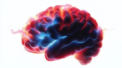 Highly detailed colorful digital illustration of a human brain showing red and blue glowing neural patterns on a bright white background
