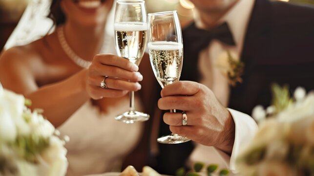 A bride and groom toasting with champagne at a wedding reception.