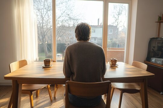 Person sitting alone at a wooden dining table facing large windows looking outside on a bright day with two cups on the table - Powered by Adobe