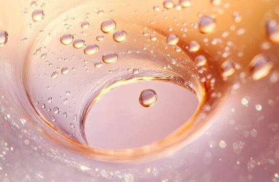 Close-up of water droplets forming a spiral vortex with soft warm lighting creating a dreamy and calming atmosphere