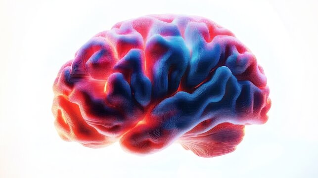 Three-dimensional digital visualization of a human brain with vibrant red and blue lighting accentuating its folds and structure against a white background