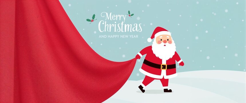 Festive holiday banner featuring a jolly Santa Claus pulling a giant red fabric across a winter wonderland scene with falling snow