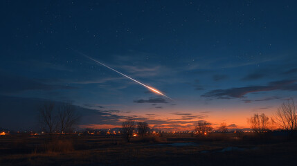 A rocket streaking across a dusk sky, leaving a glowing trail that symbolizes ambition, aspiration, and the pursuit of dreams. The warm tones of sunset blend with the luminous trail, evoking a sense o