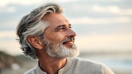 Mature Man with Salt-and-Pepper Beard, Gentle Smile. Handsome older man with salt-and-pepper beard and visible eye wrinkles, soft smile&mdash;mature sexiness and character.