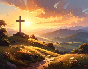 Cross on hill at scenic sunset