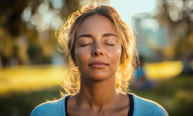 Close-up of a young woman with closed eyes enjoying peaceful moment outdoors in soft sunlight