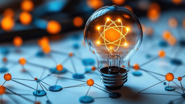 Glowing light bulb with atomic symbol filament placed on interconnected network nodes symbolizing innovation and scientific connections