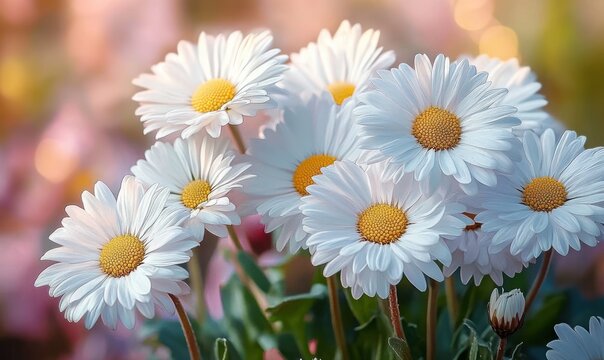 close-up of white daisies with yellow centers in soft natural light and blurred colorful background evoking calm and freshness