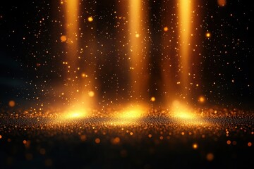 Golden glittering particles falling in beams of warm light creating a magical and radiant atmosphere on a dark background