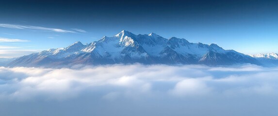 Snow-covered mountain range towering above a thick layer of clouds under a clear blue sky during daylight