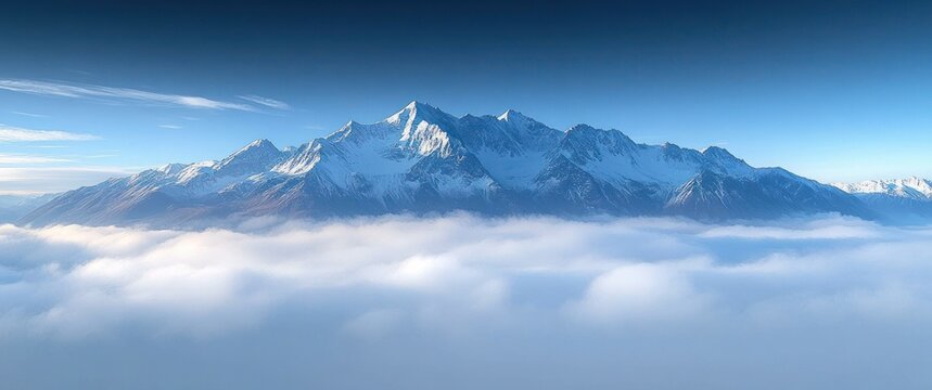 Snow-covered mountain range towering above a thick layer of clouds under a clear blue sky during daylight