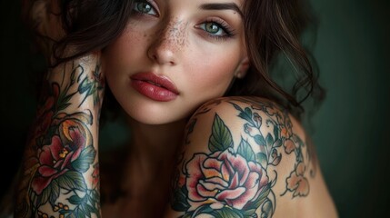 Close-up portrait of a woman with green eyes, freckles, and detailed floral tattoos on her arm and shoulder, displaying a calm and introspective expression