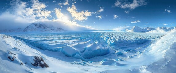 Vast icy glacier surrounded by snow-covered mountains under a bright blue sky with scattered clouds, evoking a sense of cold and tranquility