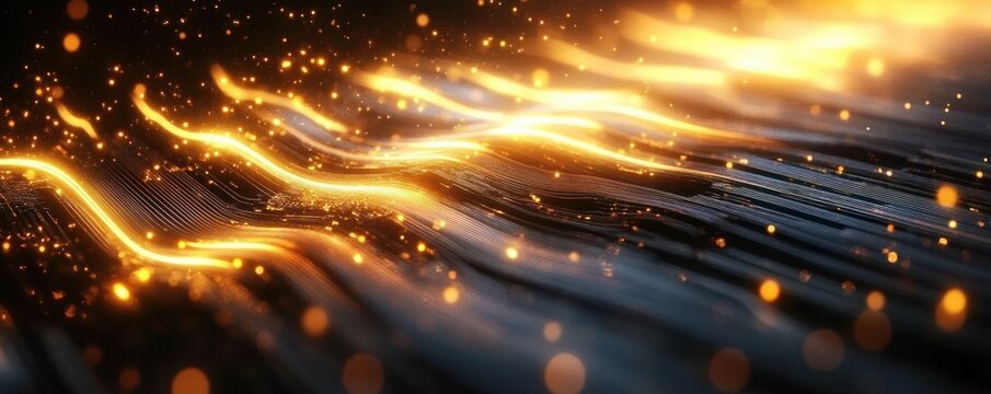 Glowing golden waves flowing over dark textured surface with sparkling particles creating dynamic light motion