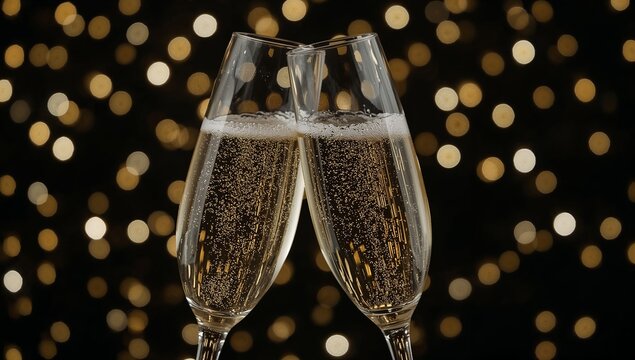 Elegant champagne flutes clinking, filled with golden bubbles against a radiant bokeh background, capturing a joyous celebration moment