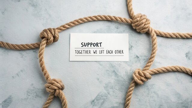 Support Message on Slip of Paper Surrounded by Knotted Rope Symbolizing Unity and Cooperation in Teamwork and Community Efforts