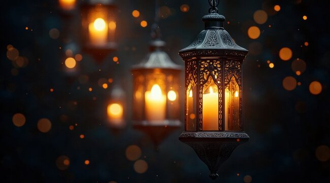 Close-up of ornate hanging lanterns glowing with warm candlelight surrounded by soft glowing orbs in a dark atmospheric setting