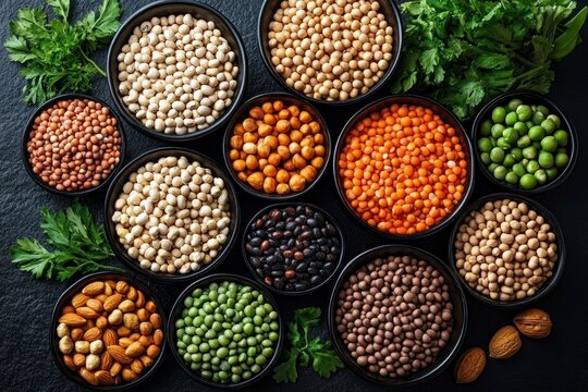 Top view of various types of dry legumes and nuts arranged in black bowls on a black surface with green parsley leaves scattered around creating a fresh and natural vibe